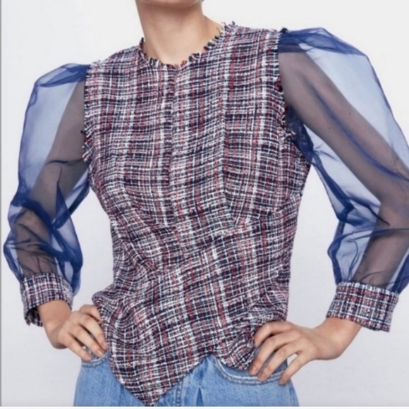 New Zara Tweed Organza Asymmetrical top size medium - Picture 1 of 13